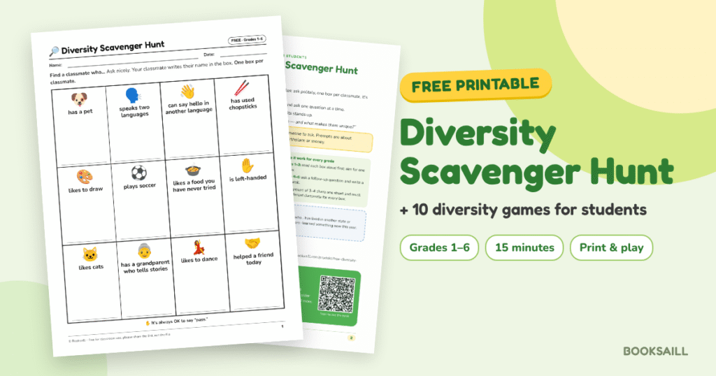 Free printable diversity scavenger hunt for students in Grades 1–6, plus 10 diversity games