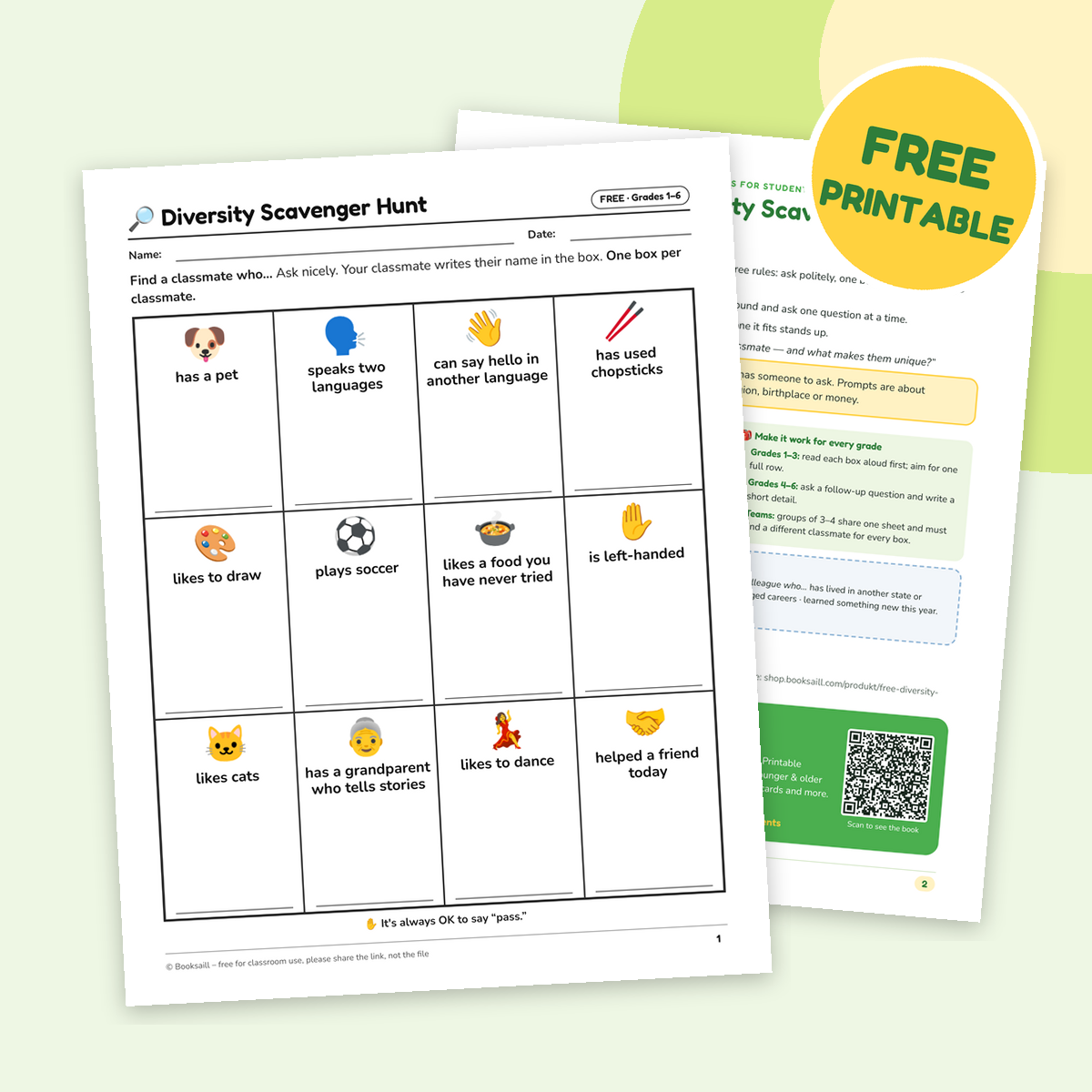Free printable diversity scavenger hunt worksheet for students with 12 picture prompts